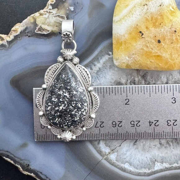 Sterling Southwestern Style Teardrop Petrified Wood Decorated Pendant For Women - Picture 9 of 10